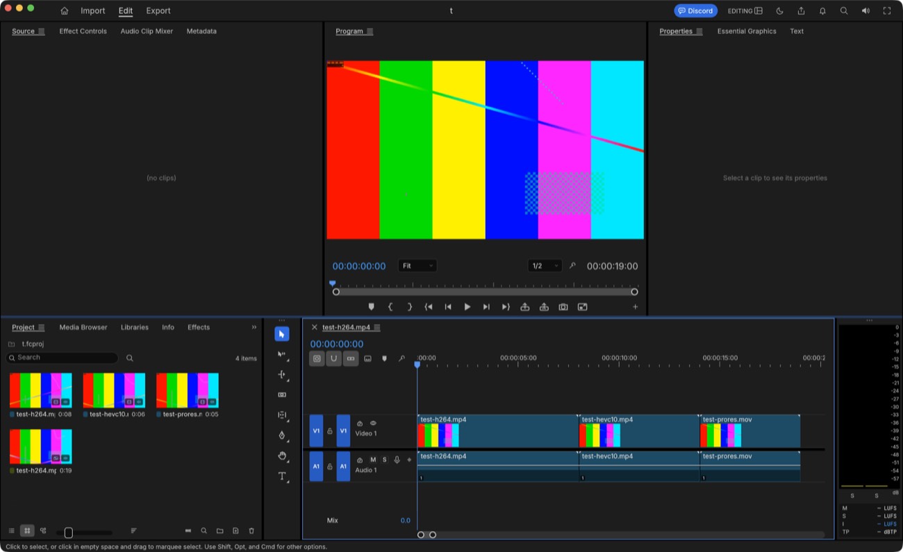 FilmCraft's Edit workspace with three test clips in the Project bin, a combined 19-second sequence on a V1 and A1 timeline, the Program monitor and loudness meters