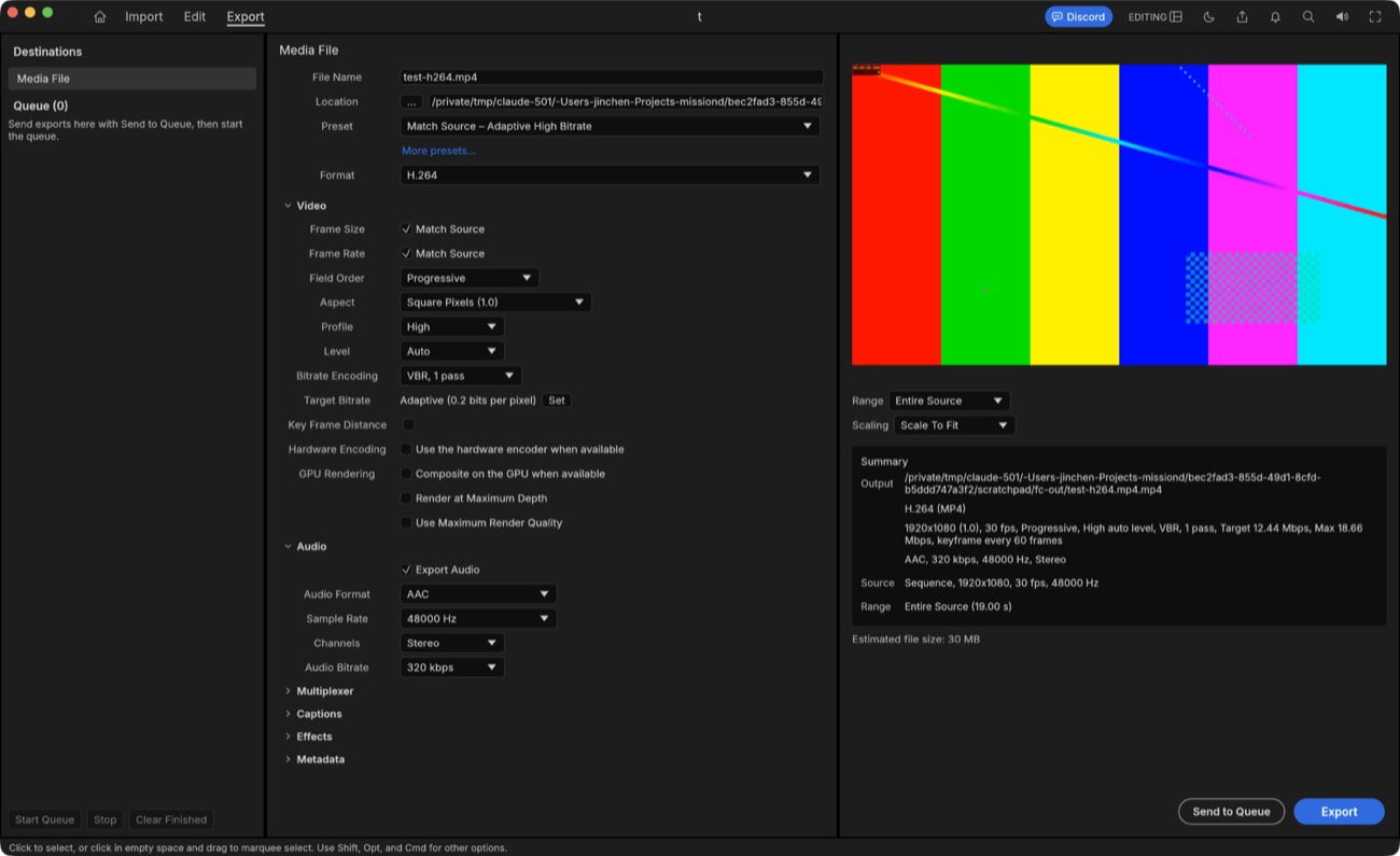 FilmCraft's Export page with the Media File destination, the Match Source Adaptive High Bitrate preset, H.264 format and settings, and an estimated file size of 30 MB