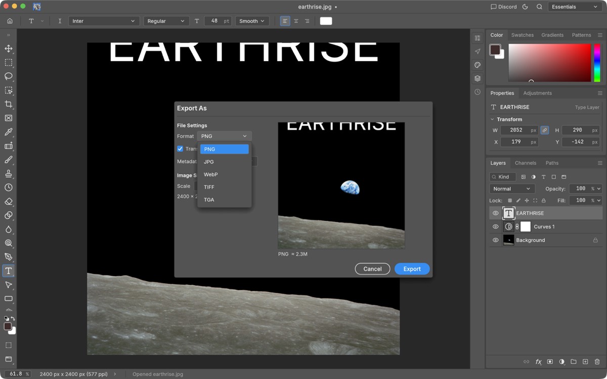 The PhotoCraft Export As dialog with the Format list open showing PNG, JPG, WebP, TIFF and TGA