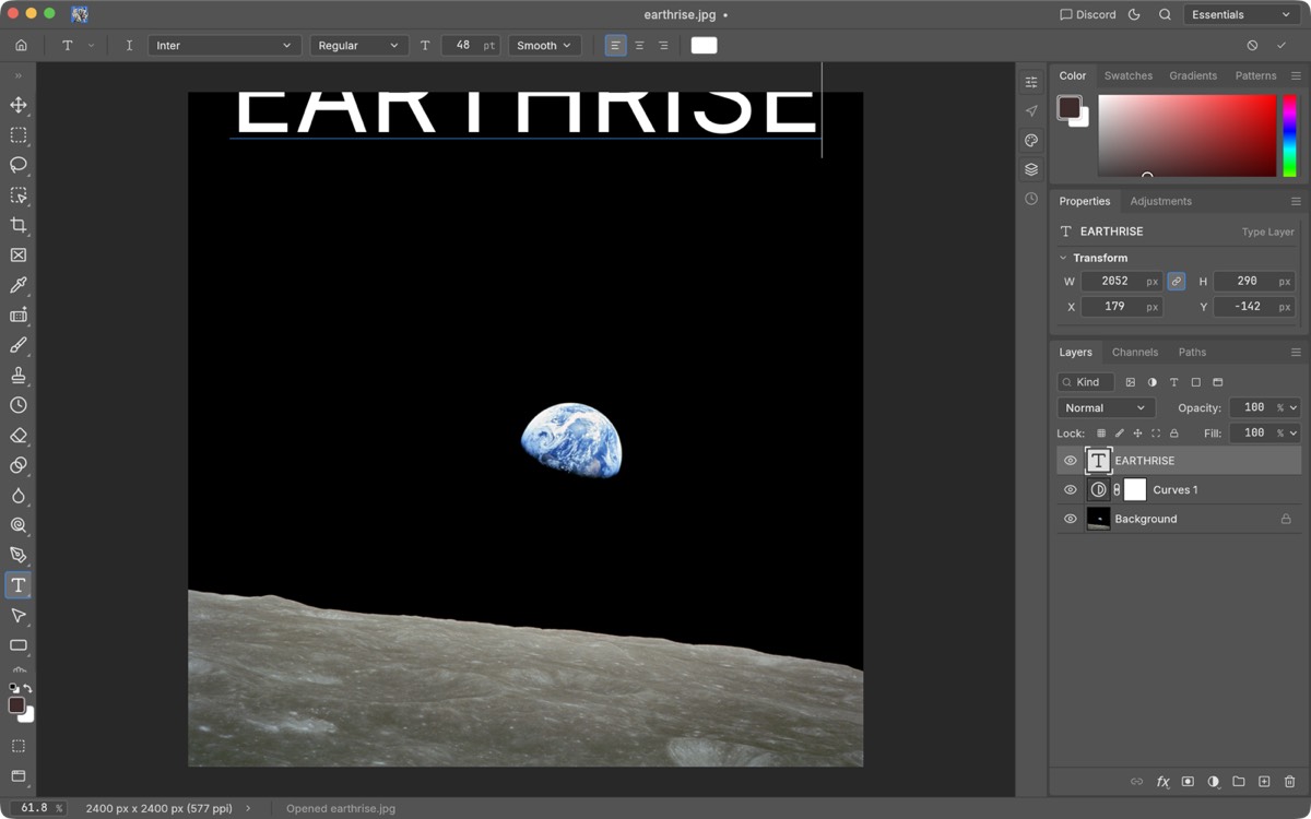 PhotoCraft with a type layer named EARTHRISE above a Curves layer and the Background; the type options bar shows Inter, Regular, 48 pt